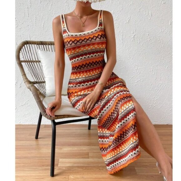 Boho Multicolor Chevron Print Fitted Tank Maxi Dress - Picture 1 of 4